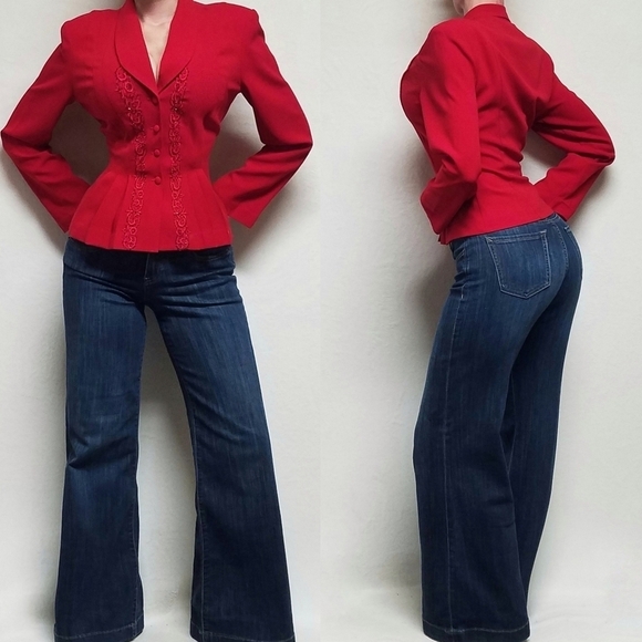 Vintage Retro Y2K Danny & Nicole Red Beaded Floral Embroidered Peplum Jacket 10 - Picture 1 of 16